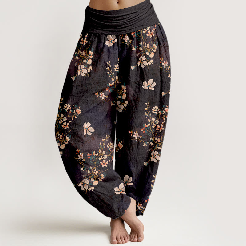 Buddha Stones Damen-Haremshose aus reiner Baumwolle mit Kirschblütenmuster und elastischem Bund - Schwarz - US16, UK/AU20, EU48 (3XL) - image 0