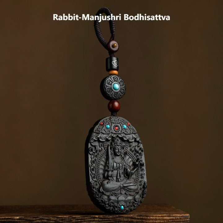 Buddha Stones ​​Chinesischer Tierkreis Geburtsbuddha Jahr des Pferdes Om Mani Padme Hum Lotus Ebenholz Segens-Schlüsselanhänger - Rabbit-Manjushri Bodhisattva - image 1