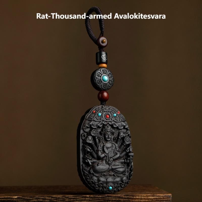 Buddha Stones ​​Chinesischer Tierkreis Geburtsbuddha Jahr des Pferdes Om Mani Padme Hum Lotus Ebenholz Segens-Schlüsselanhänger - Ratten-Tausendarmiger Avalokitesvara - image 20