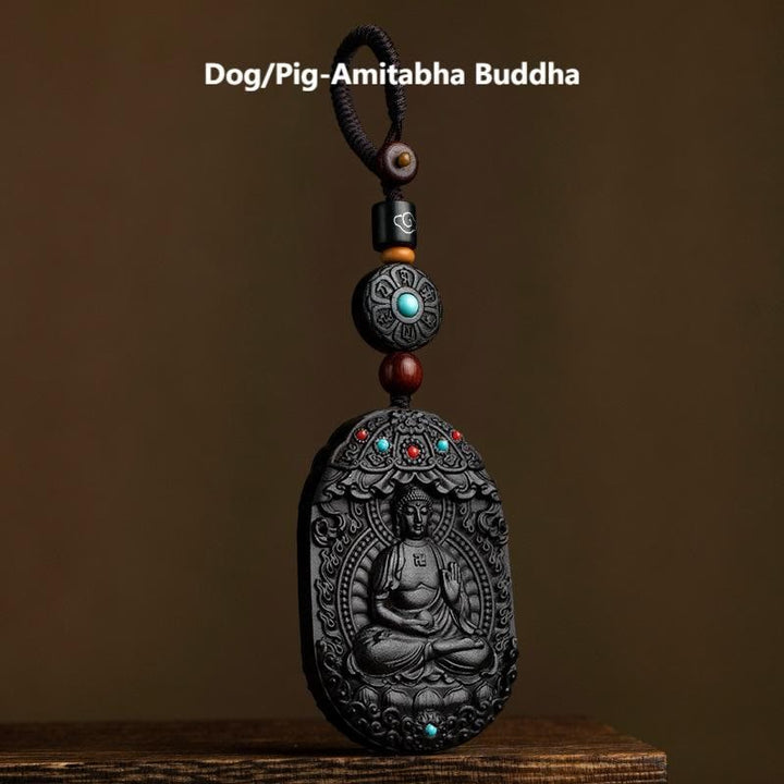 Buddha Stones ​​Chinesischer Tierkreis Geburtsbuddha Jahr des Pferdes Om Mani Padme Hum Lotus Ebenholz Segens-Schlüsselanhänger - Hund/Schwein-Amitabha Buddha - image 26