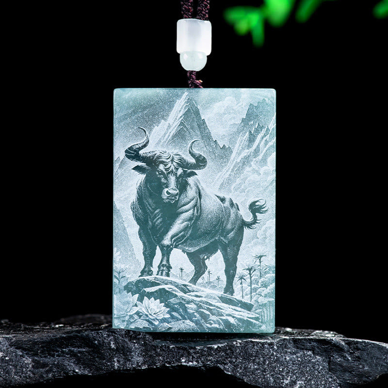 Buddha Stones ​​Jahr des Pferdes Chinesisches Tierkreiszeichen Gravur Jade Fülle Halskette Anhänger - Ochse - 60*40*4mm - image 8