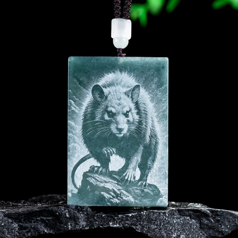 Buddha Stones ​​Jahr des Pferdes Chinesisches Tierkreiszeichen Gravur Jade Fülle Halskette Anhänger - Ratte - 60*40*4mm - image 7