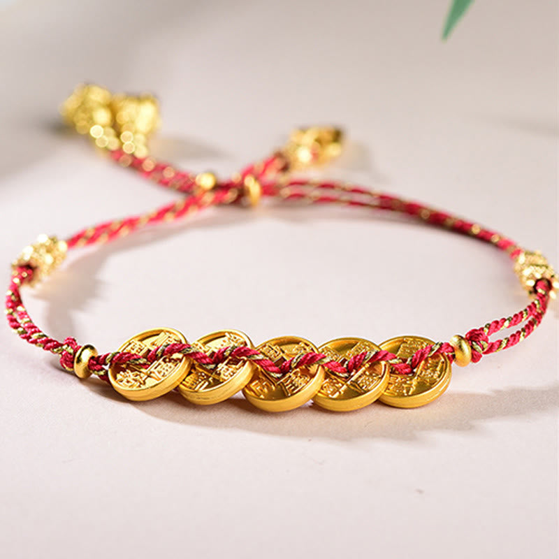 Buddha Stones, Fünf-Kaiser-Münzen, Kupferwaage, handgewebtes Armband  - Rote Fünf-Kaiser-Münzen (Handgelenkumfang: 16-19 cm) - image 0