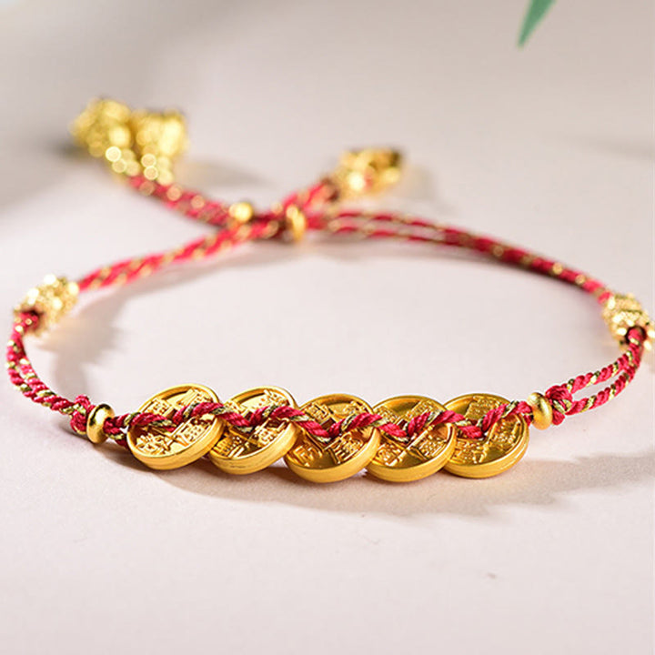 Buddha Stones, Fünf-Kaiser-Münzen, Kupferwaage, handgewebtes Armband  - Rote Fünf-Kaiser-Münzen (Handgelenkumfang: 16-19 cm) - image 0