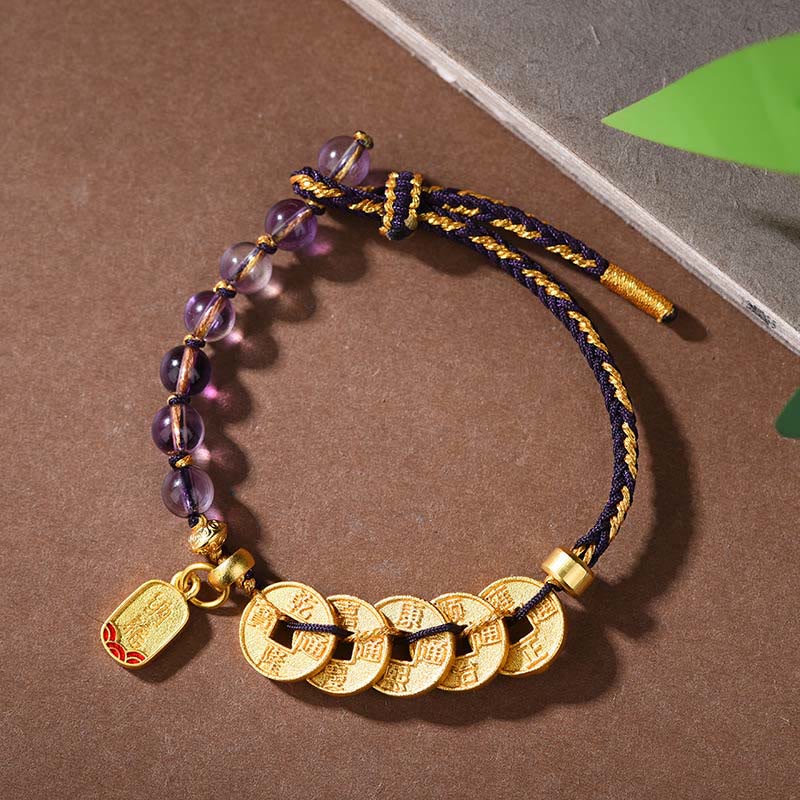 Buddha Stones, Fünf-Kaiser-Münzen, Kupfer, Amethyst, Zinnober, Schwarz, Rot, Schnur, Balance, Glück anziehen, Armband - Kupfer-Amethyst-Schwarzes Seil (Handgelenkumfang: 16-19 cm) - image 12