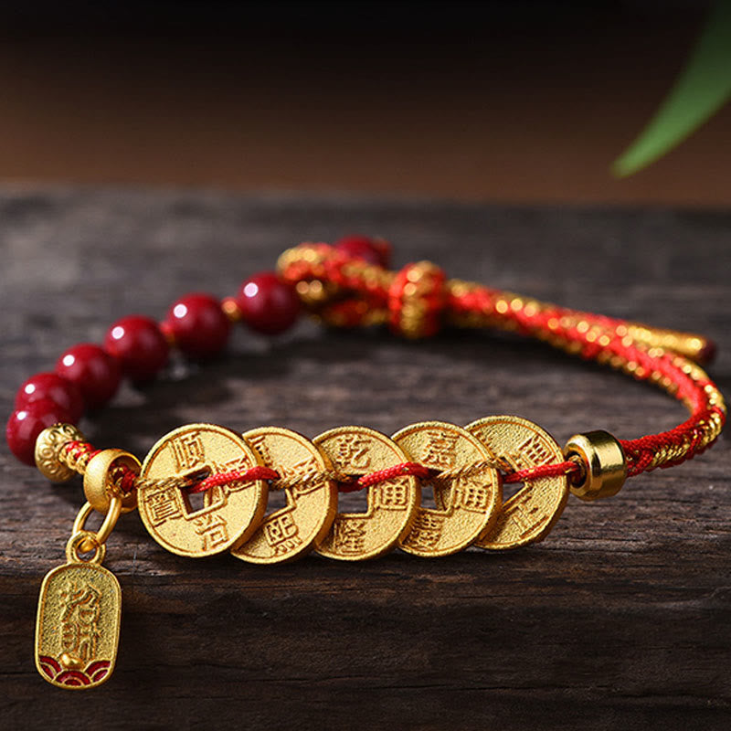 Buddha Stones, Fünf-Kaiser-Münzen, Kupfer, Amethyst, Zinnober, Schwarz, Rot, Schnur, Balance, Glück anziehen, Armband - image 1