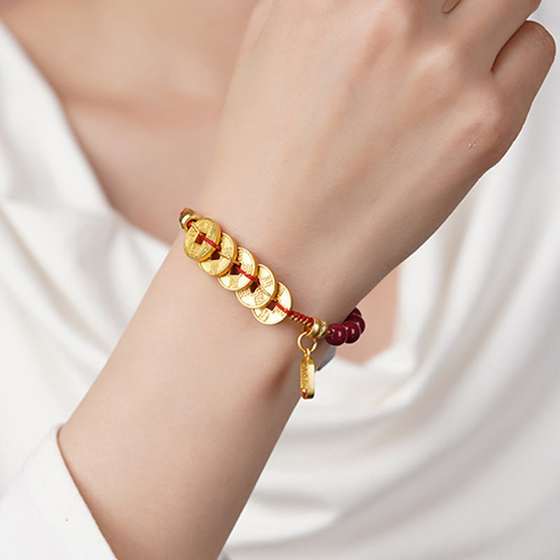 Buddha Stones, Fünf-Kaiser-Münzen, Kupfer, Amethyst, Zinnober, Schwarz, Rot, Schnur, Balance, Glück anziehen, Armband - image 3