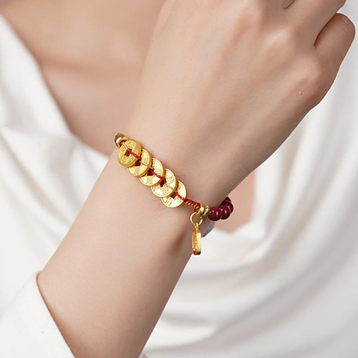 Buddha Stones, Fünf-Kaiser-Münzen, Kupfer, Amethyst, Zinnober, Schwarz, Rot, Schnur, Balance, Glück anziehen, Armband - image 3
