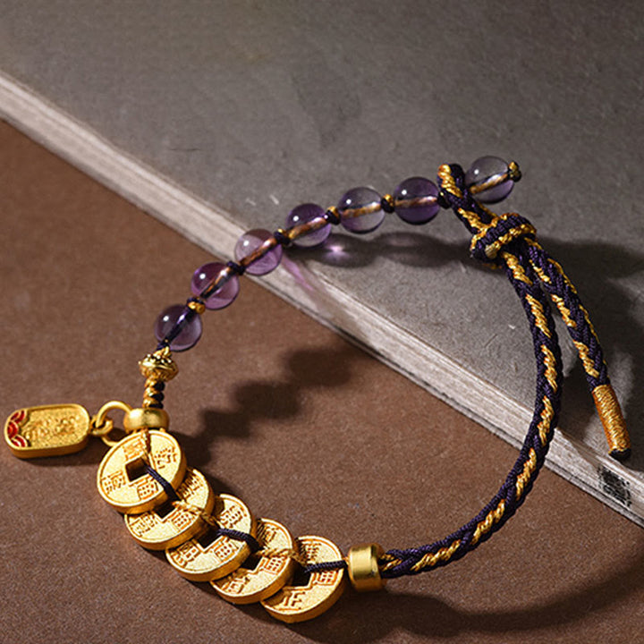 Buddha Stones, Fünf-Kaiser-Münzen, Kupfer, Amethyst, Zinnober, Schwarz, Rot, Schnur, Balance, Glück anziehen, Armband - image 13