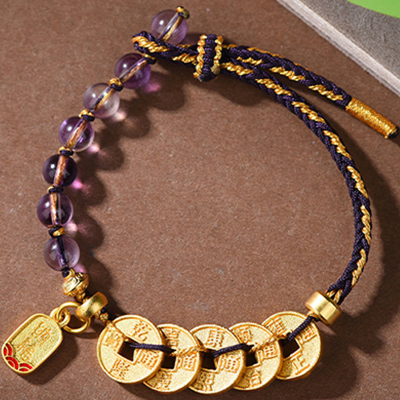 Buddha Stones, Fünf-Kaiser-Münzen, Kupfer, Amethyst, Zinnober, Schwarz, Rot, Schnur, Balance, Glück anziehen, Armband - image 14