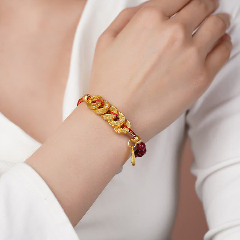 Buddha Stones, Fünf-Kaiser-Münzen, Kupfer, Amethyst, Zinnober, Schwarz, Rot, Schnur, Balance, Glück anziehen, Armband - image 4