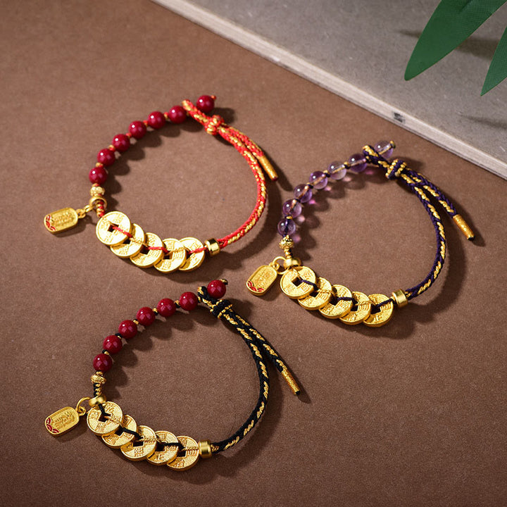 Buddha Stones, Fünf-Kaiser-Münzen, Kupfer, Amethyst, Zinnober, Schwarz, Rot, Schnur, Balance, Glück anziehen, Armband - image 22