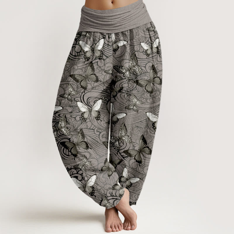 Buddha Stones Damen-Haremshose aus reiner Baumwolle, grau-schwarz gestreift mit Schmetterlingsmuster und elastischem Bund - Dunkelgrau - US16, UK/AU20, EU48 (3XL) - image 0