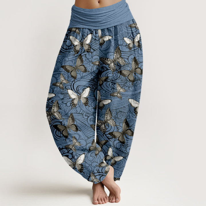Buddha Stones Damen-Haremshose aus reiner Baumwolle, grau-schwarz gestreift mit Schmetterlingsmuster und elastischem Bund - Kornblumenblau - US16, UK/AU20, EU48 (3XL) - image 5