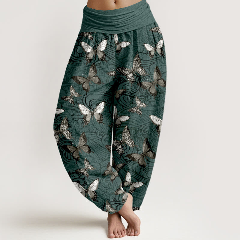Buddha Stones Damen-Haremshose aus reiner Baumwolle, grau-schwarz gestreift mit Schmetterlingsmuster und elastischem Bund - Dunkelcyan - US16, UK/AU20, EU48 (3XL) - image 8