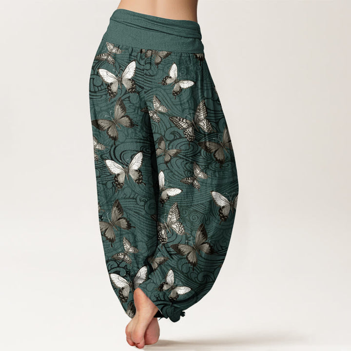 Buddha Stones Damen-Haremshose aus reiner Baumwolle, grau-schwarz gestreift mit Schmetterlingsmuster und elastischem Bund - image 9