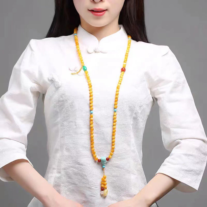 Buddha Stones Friedenskette mit 108 Perlen, Glückskatze aus Bernstein, Glücksbringer-Mala - image 6