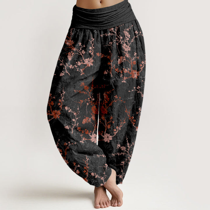 Buddha Stones, reine Baumwolle, blühende Blumen, Zweige, Blätter – Damen-Haremshose mit elastischem Bund - Schwarz - US16, UK/AU20, EU48 (3XL) - image 5