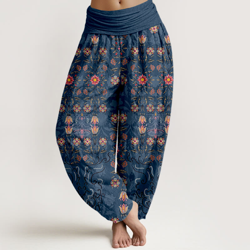 Buddha Stones Haremshose aus reiner Baumwolle mit mehrfarbigem Blumenmuster und elastischem Bund für Damen - SteelBlue - US16, UK/AU20, EU48 (3XL) - image 5