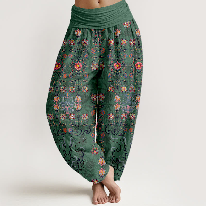 Buddha Stones Haremshose aus reiner Baumwolle mit mehrfarbigem Blumenmuster und elastischem Bund für Damen - Mittelseegrün - US16, UK/AU20, EU48 (3XL) - image 0