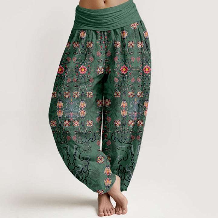 Buddha Stones Haremshose aus reiner Baumwolle mit mehrfarbigem Blumenmuster und elastischem Bund für Damen - Mittelseegrün - US16, UK/AU20, EU48 (3XL) - image 0