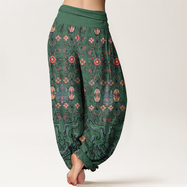 Buddha Stones Haremshose aus reiner Baumwolle mit mehrfarbigem Blumenmuster und elastischem Bund für Damen - image 1