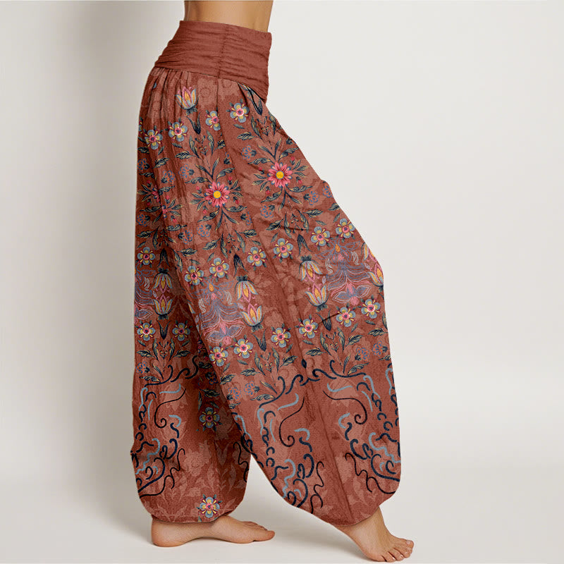 Buddha Stones Haremshose aus reiner Baumwolle mit mehrfarbigem Blumenmuster und elastischem Bund für Damen - image 10