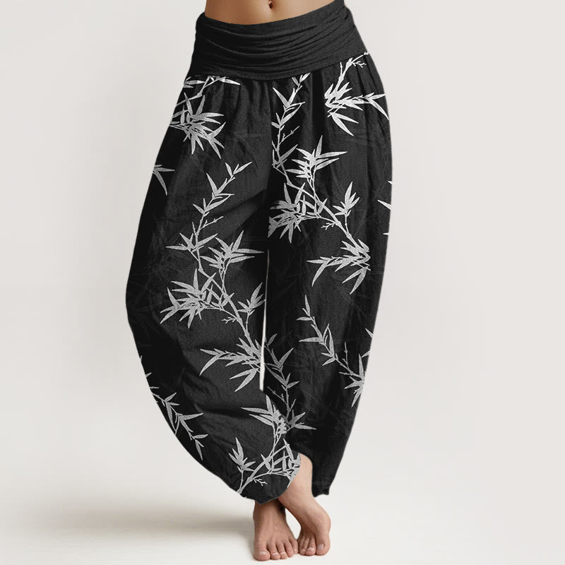 Buddha Stones Haremshose aus reiner Baumwolle mit weißen Bambusblättern und elastischem Bund für Damen - Schwarz - US16, UK/AU20, EU48 (3XL) - image 0