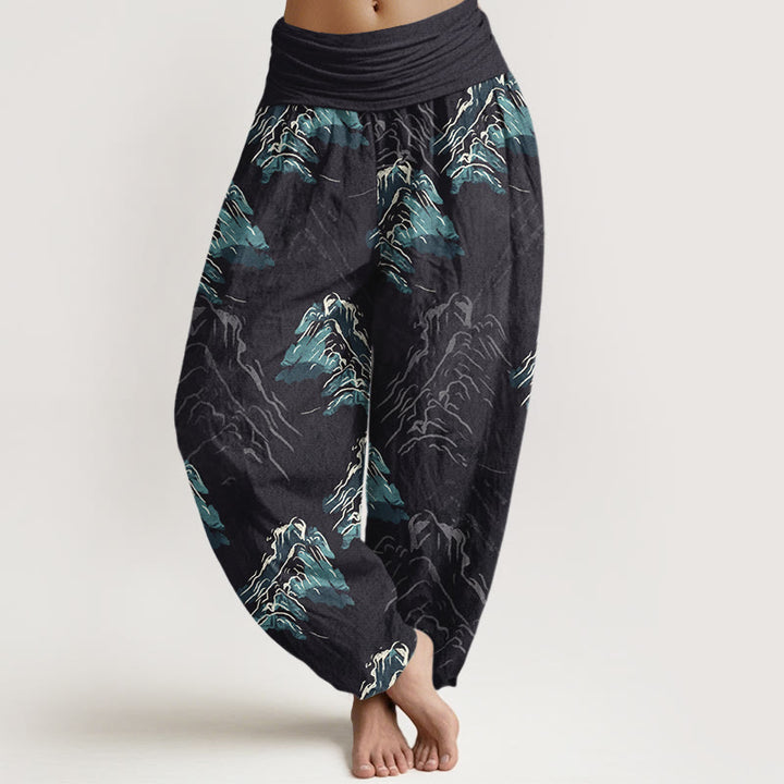Buddha Stones Damen-Haremshose aus reiner Baumwolle mit smaragdgrünem Bergmotiv und elastischem Bund - Schwarz - US16, UK/AU20, EU48 (3XL) - image 0