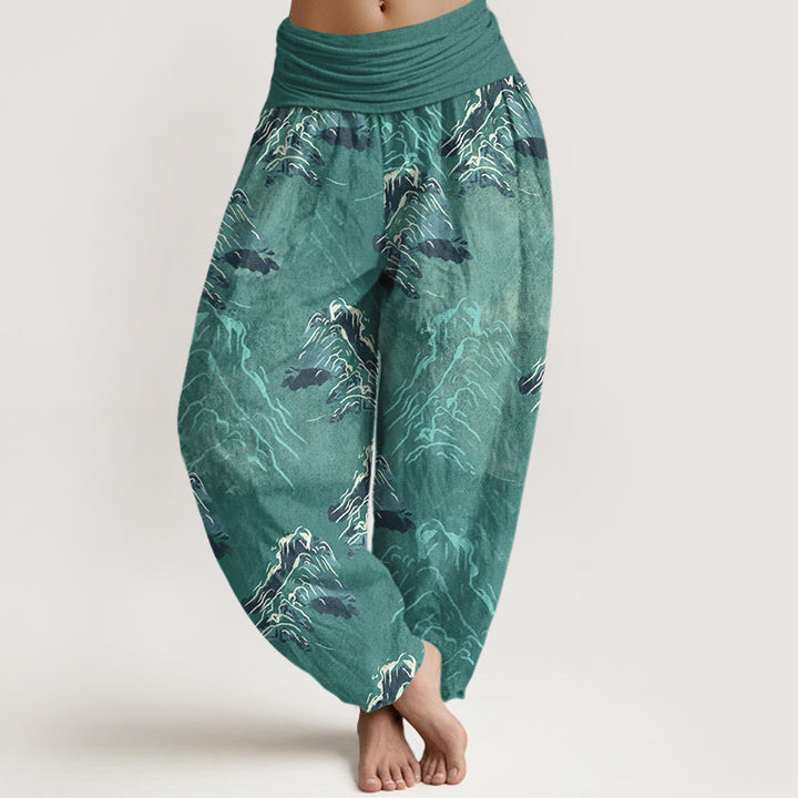 Buddha Stones Damen-Haremshose aus reiner Baumwolle mit smaragdgrünem Bergmotiv und elastischem Bund - Türkis - US16, UK/AU20, EU48 (3XL) - image 8