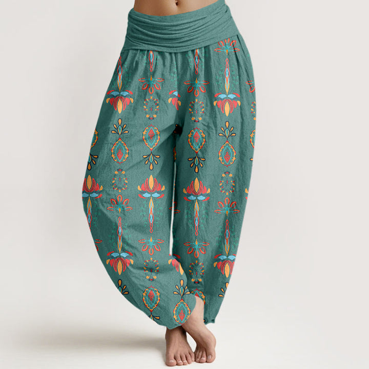 Buddha Stones, reine Baumwolle, bunte Lotusblumen, grüne Blätter, geometrisches Muster, Haremshose für Damen mit elastischem Bund. - Mittel-Aquamarin - US16, UK/AU20, EU48 (3XL) - image 0