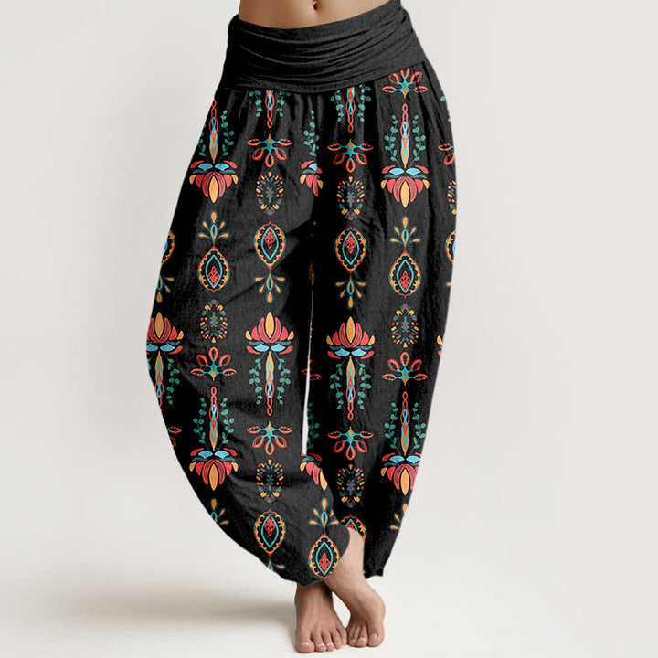 Buddha Stones, reine Baumwolle, bunte Lotusblumen, grüne Blätter, geometrisches Muster, Haremshose für Damen mit elastischem Bund. - Schwarz - US16, UK/AU20, EU48 (3XL) - image 5