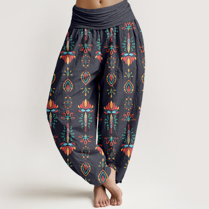 Buddha Stones, reine Baumwolle, bunte Lotusblumen, grüne Blätter, geometrisches Muster, Haremshose für Damen mit elastischem Bund. - Grau - US16, UK/AU20, EU48 (3XL) - image 8