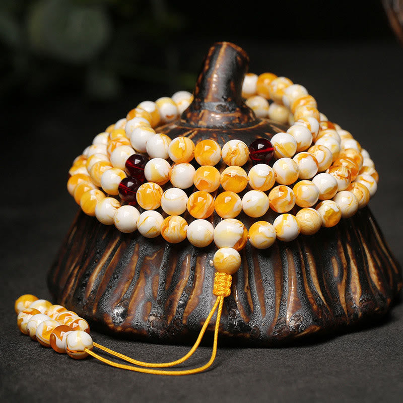 Buddha Stones ​​Tibetische Weiß-Gelbe Bernstein-Mala mit 108 Perlen - image 0