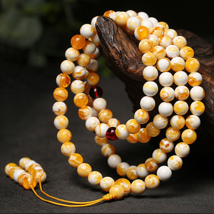 Buddha Stones ​​Tibetische Weiß-Gelbe Bernstein-Mala mit 108 Perlen - image 2