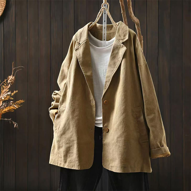 Buddha Stones Frühling Herbst Knöpfe Reverskragen Langarm Mid-Lange Baumwolljacke für Damen mit Taschen - Weizen - US4-8/10, UK/AU8-12/14, EU36-40/42 (F) - image 0