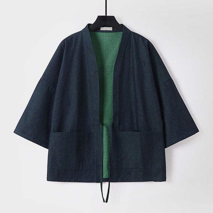 Buddha Stones Herren-Kimono aus Denim und Baumwolle mit Schnürung, offener Vorderseite und Dreiviertelärmeln - Schwarz - US/ UK/AU54, EU64 (9XL) - image 0