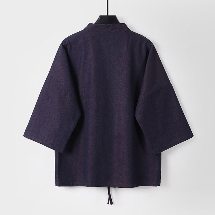 Buddha Stones Herren-Kimono aus Denim und Baumwolle mit Schnürung, offener Vorderseite und Dreiviertelärmeln - image 2