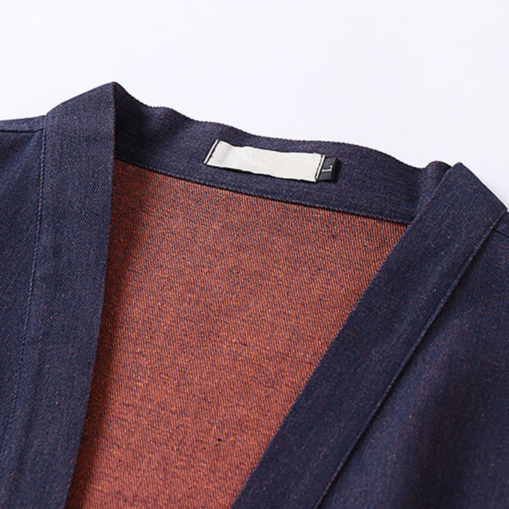 Buddha Stones Herren-Kimono aus Denim und Baumwolle mit Schnürung, offener Vorderseite und Dreiviertelärmeln - image 3