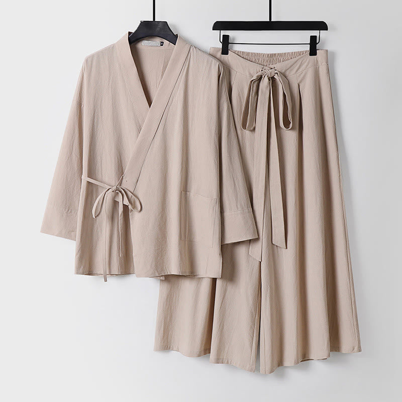Buddha Stones ​​2-teiliges Herbst-Kimono-Set aus Baumwolle mit Schnürung, knöchellangen, weiten Hosenbeinen und Taschen, Meditationskleidung für Herren - Beige - US/ UK/AU54, EU64 (9XL) - image 12