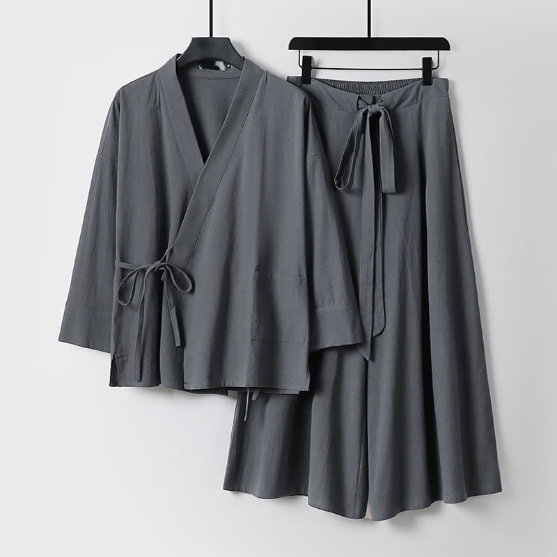 Buddha Stones ​​2-teiliges Herbst-Kimono-Set aus Baumwolle mit Schnürung, knöchellangen, weiten Hosenbeinen und Taschen, Meditationskleidung für Herren - Grau - US/UK/AU54, EU64 (9XL) - image 0