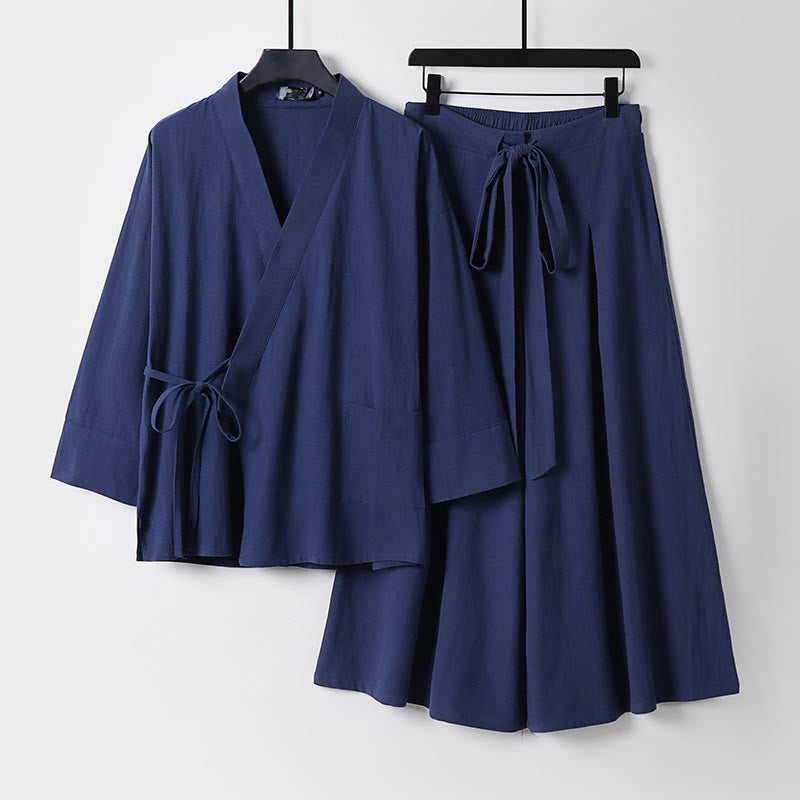Buddha Stones ​​2-teiliges Herbst-Kimono-Set aus Baumwolle mit Schnürung, knöchellangen, weiten Hosenbeinen und Taschen, Meditationskleidung für Herren - SteelBlue - US/ UK/AU54, EU64 (9XL) - image 8