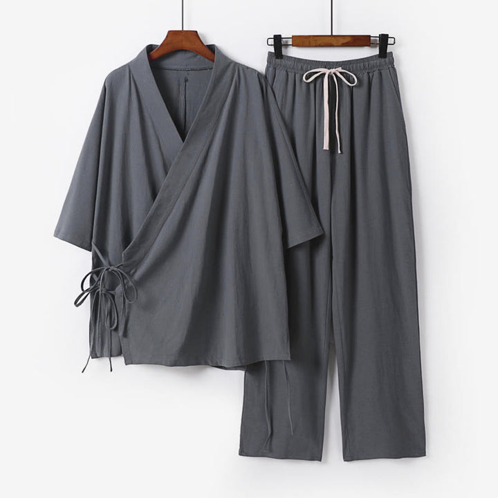 Buddha Stones 2-teiliges Herbst-Kimono-Set aus Baumwolle mit Schnürung, Dreiviertelärmeln, Kordelzughose und Taschen für Herren – Meditationskleidung - Grau - US/ UK/AU54, EU64 (9XL) - image 0