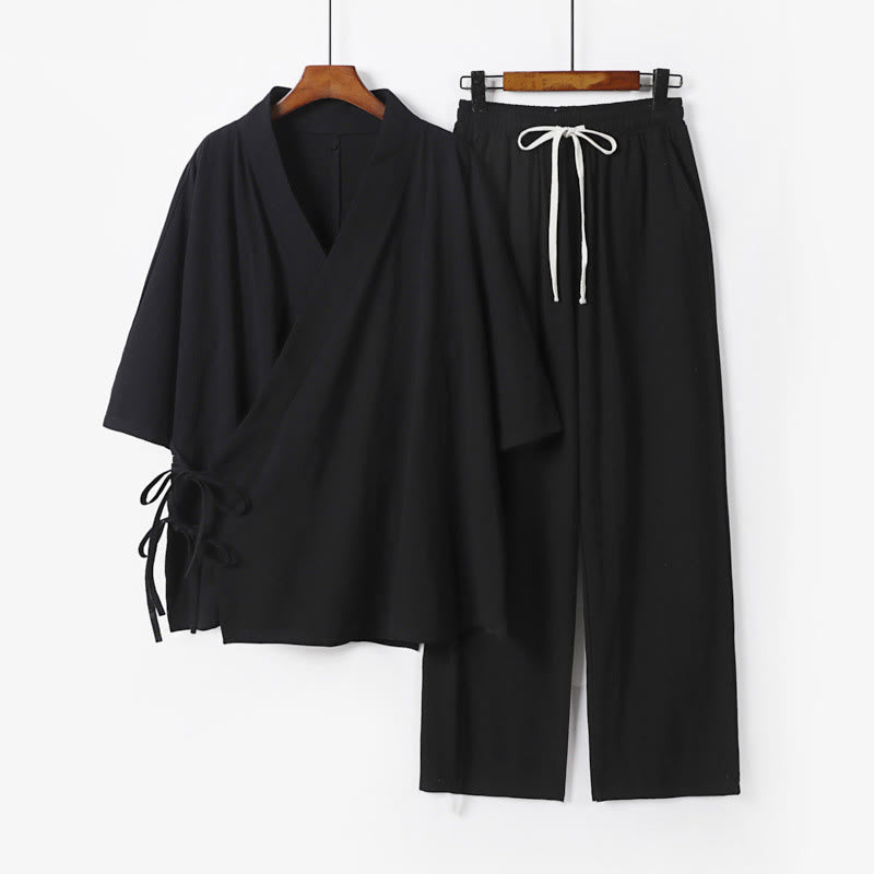 Buddha Stones 2-teiliges Herbst-Kimono-Set aus Baumwolle mit Schnürung, Dreiviertelärmeln, Kordelzughose und Taschen für Herren – Meditationskleidung - Schwarz - US/ UK/AU54, EU64 (9XL) - image 4
