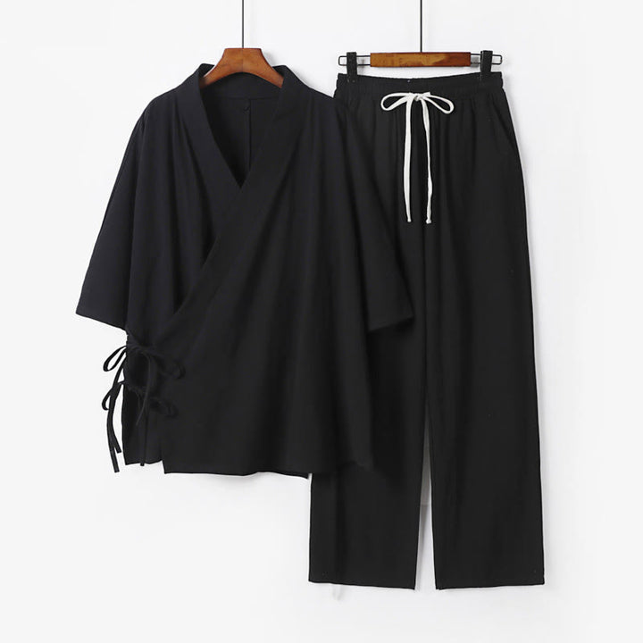 Buddha Stones 2-teiliges Herbst-Kimono-Set aus Baumwolle mit Schnürung, Dreiviertelärmeln, Kordelzughose und Taschen für Herren – Meditationskleidung - Schwarz - US/ UK/AU54, EU64 (9XL) - image 4