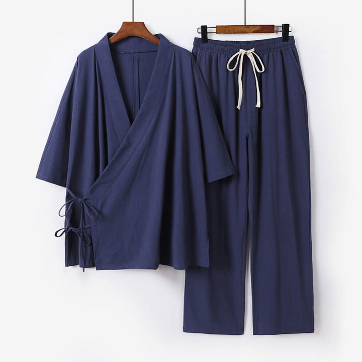 Buddha Stones 2-teiliges Herbst-Kimono-Set aus Baumwolle mit Schnürung, Dreiviertelärmeln, Kordelzughose und Taschen für Herren – Meditationskleidung - SteelBlue - US/ UK/AU54, EU64 (9XL) - image 7