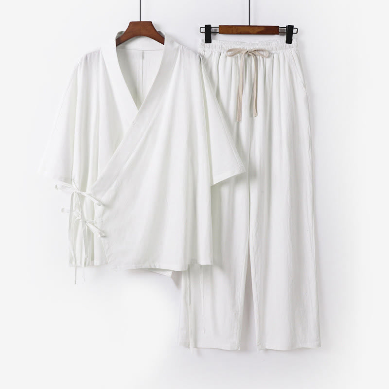 Buddha Stones 2-teiliges Herbst-Kimono-Set aus Baumwolle mit Schnürung, Dreiviertelärmeln, Kordelzughose und Taschen für Herren – Meditationskleidung - Weiß - US/ UK/AU54, EU64 (9XL) - image 10