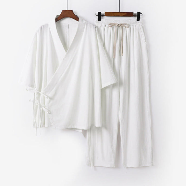 Buddha Stones 2-teiliges Herbst-Kimono-Set aus Baumwolle mit Schnürung, Dreiviertelärmeln, Kordelzughose und Taschen für Herren – Meditationskleidung - Weiß - US/ UK/AU54, EU64 (9XL) - image 10