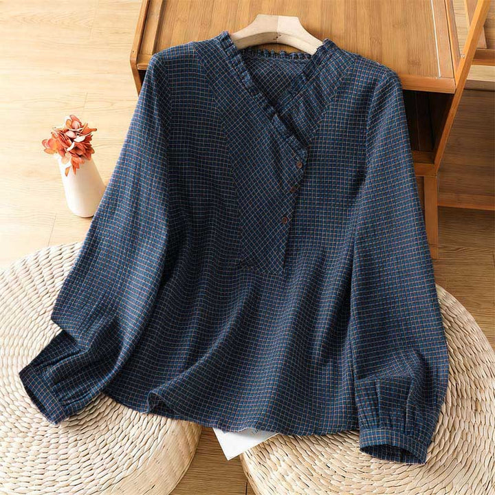Buddha Stones ​​Herbstblau Karo V-Ausschnitt Knöpfe Design Damen Baumwoll Langarmhemd - SteelBlue - US 8-10, UK/AU 12-14, EU 40-42 (2XL) - image 0