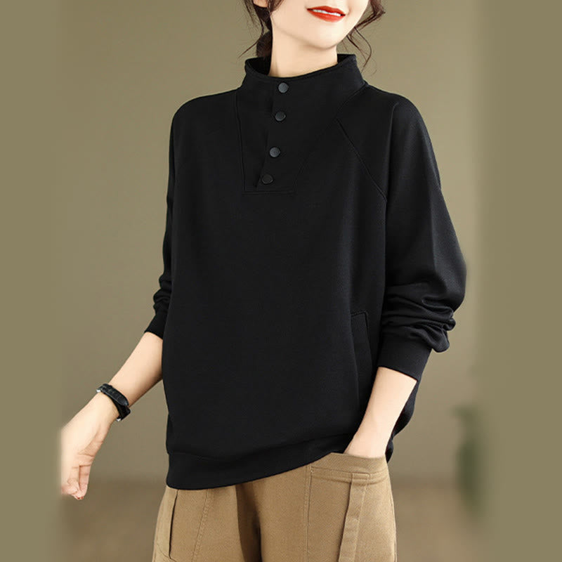 Buddha Stones Herbst-Sweatshirt aus Baumwolle mit Stehkragen und Knöpfen, langärmelig, Damen, einfarbig, mit Buddha-Steinen-Motiv. - image 1